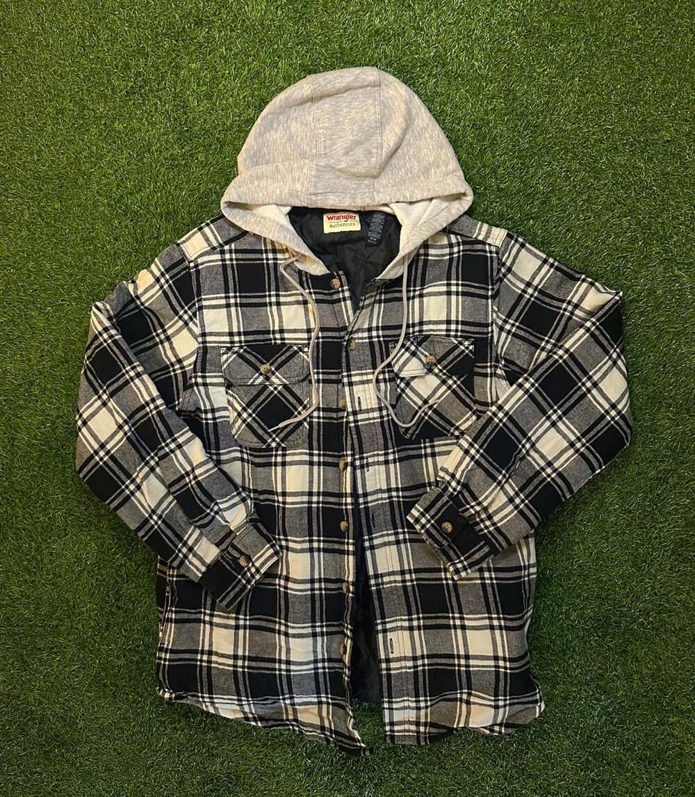 Wrangler Authentics Hooded Flannel Shirt Jacket Size M Black Plaid